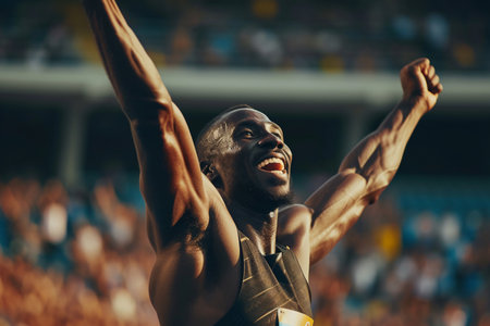 Athlete celebrating his victory in a track and field match with AI generated.の素材