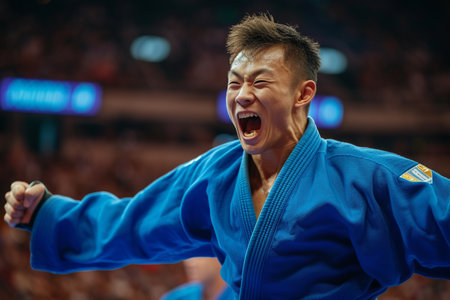 Taekwondo fighter in kimono in action during training with AI generated.の素材