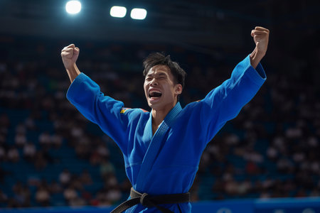 Taekwondo fighter in kimono in action during training with AI generated.の素材