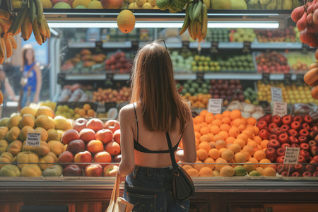 Smiling young woman in a brown blouse selecting fresh fruit from a colorful market stall.の素材