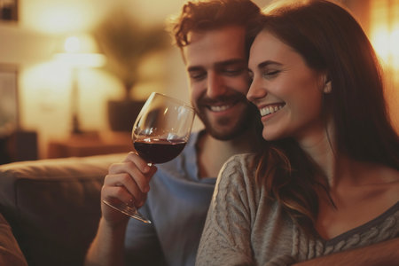 Cheerful young couple sharing an intimate moment with red wine in a cozy home setting.の素材