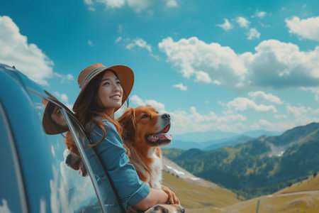 Smiling woman in a summer hat with her golden retriever enjoying a car ride in the mountainous countryside.の素材