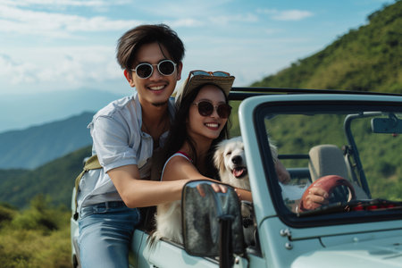 Smiling woman in a summer hat with her golden retriever enjoying a car ride in the mountainous countryside.の素材
