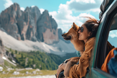 Smiling woman in a summer hat with her golden retriever enjoying a car ride in the mountainous countryside.の素材