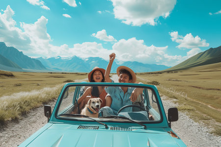 Smiling woman in a summer hat with her golden retriever enjoying a car ride in the mountainous countryside.の素材