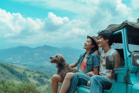 Smiling woman in a summer hat with her golden retriever enjoying a car ride in the mountainous countryside.の素材