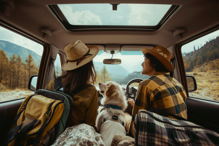 Smiling woman in a summer hat with her golden retriever enjoying a car ride in the mountainous countryside.の素材