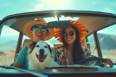 Smiling woman in a summer hat with her golden retriever enjoying a car ride in the mountainous countryside.の素材