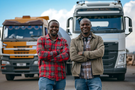 Two professional male truck drivers posing confidently in front of a white semi truck on a sunny day.の素材