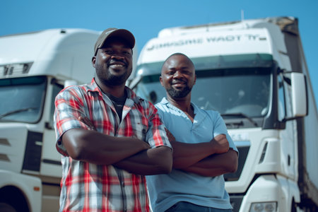 Two professional male truck drivers posing confidently in front of a white semi truck on a sunny day.の素材