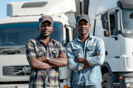 Two professional male truck drivers posing confidently in front of a white semi truck on a sunny day.の素材