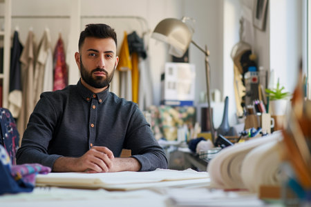 Confident young male fashion designer sitting at his desk in a well-equipped, creative studio full of design tools and garments.の素材