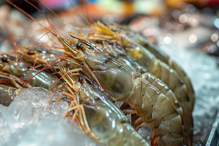Close-up of raw, fresh prawns chilling on ice, displayed at a seafood market with a glistening texture.の素材