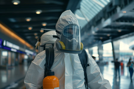 Worker in hazmat suit with respirator mask diligently spraying disinfectant in a public space to prevent the spread of germs.の素材