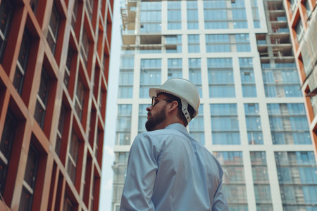 Young male engineer with a hard hat thoughtfully observing the progress of a construction site, reflecting on project development.の素材