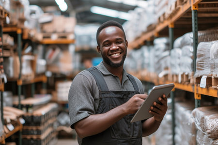 Cheerful male warehouse employee in overalls browsing a digital tablet while standing among aisles of stocked shelves.の素材