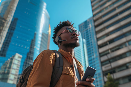 A young man with sunglasses and headphones lost in music, holding a smartphone with a backdrop of skyscrapers under a clear blue sky.の素材