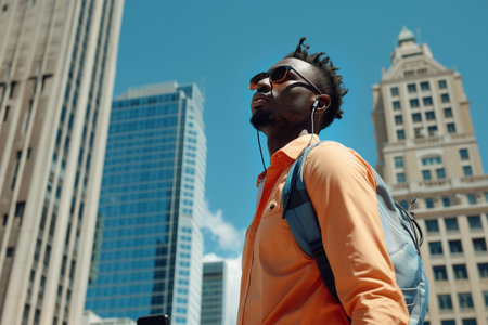 A young man with sunglasses and headphones lost in music, holding a smartphone with a backdrop of skyscrapers under a clear blue sky.の素材