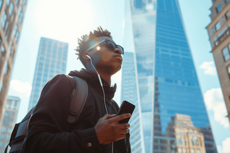 A young man with sunglasses and headphones lost in music, holding a smartphone with a backdrop of skyscrapers under a clear blue sky.の素材