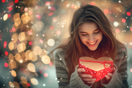 A smiling young woman holding a polka-dot wrapped gift, with romantic heart-shaped decorations and warm lights in the background.の素材