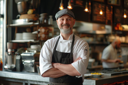 Smiling male chef in a white hat and apron standing confidently in a professional kitchen with arms crossed.の素材