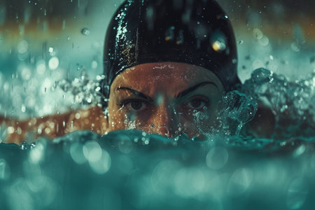 Focused swimmer with goggles and cap creating dynamic splashes in the water during a competitive swimming race.の素材