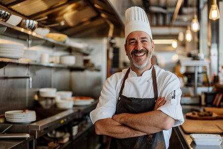 Smiling male chef in a white hat and apron standing confidently in a professional kitchen with arms crossed.の素材
