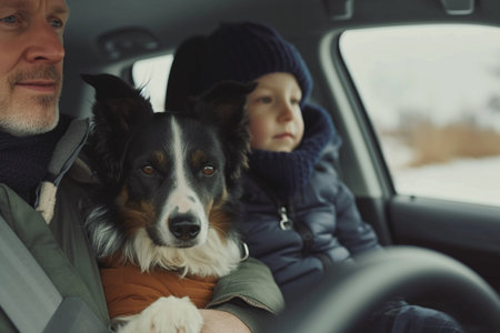 Father, daughter, and dog enjoying a summer road trip together, with warm sunlight filling the car interior.の素材