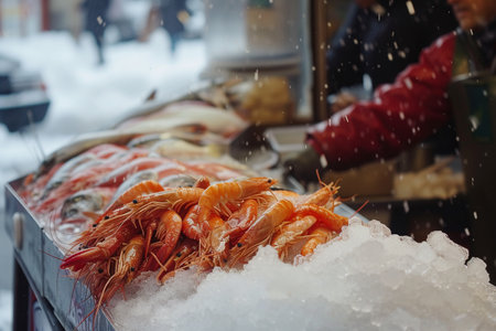 An assortment of fresh seafood, including fish and prawns, laid on a bed of ice, ready for sale at a local market.の素材