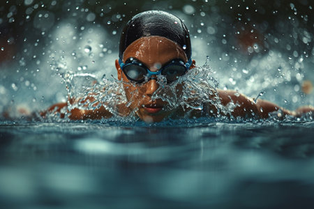 Focused swimmer with goggles and cap creating dynamic splashes in the water during a competitive swimming race.の素材