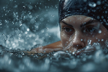 Focused swimmer with goggles and cap creating dynamic splashes in the water during a competitive swimming race.の素材