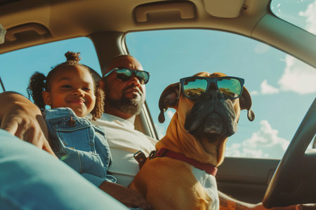 Father, daughter, and dog enjoying a summer road trip together, with warm sunlight filling the car interior.の素材