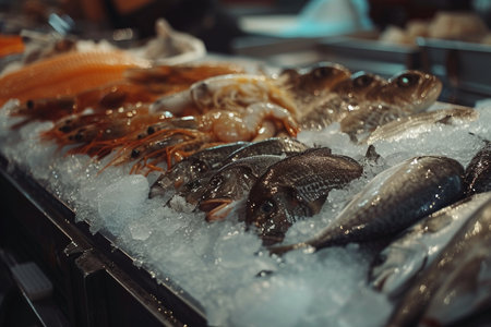 An assortment of fresh seafood, including fish and prawns, laid on a bed of ice, ready for sale at a local market.の素材