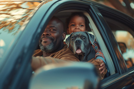 Father, daughter, and dog enjoying a summer road trip together, with warm sunlight filling the car interior.の素材