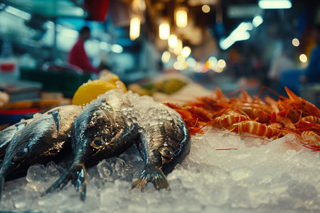 An assortment of fresh seafood, including fish and prawns, laid on a bed of ice, ready for sale at a local market.の素材