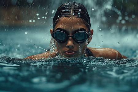 Focused swimmer with goggles and cap creating dynamic splashes in the water during a competitive swimming race.の素材