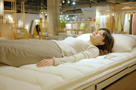 A young woman lies on a mattress in a furniture showroom, testing the comfort and support it offers for a restful sleep.の素材
