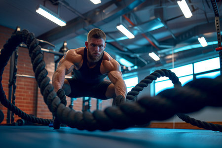 An intense workout session capturing a muscular man doing battle rope exercises in a smoky gym environment, demonstrating strength and endurance.の素材
