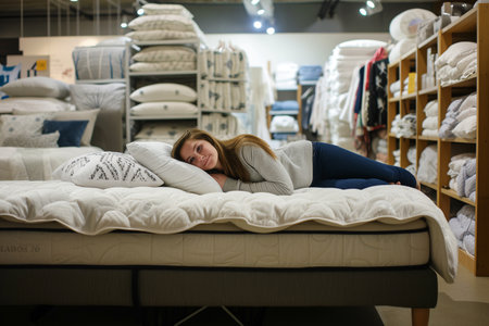 A young woman lies on a mattress in a furniture showroom, testing the comfort and support it offers for a restful sleep.の素材
