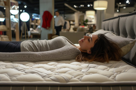 A young woman lies on a mattress in a furniture showroom, testing the comfort and support it offers for a restful sleep.の素材