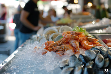 An assortment of fresh seafood, including fish and prawns, laid on a bed of ice, ready for sale at a local market.の素材