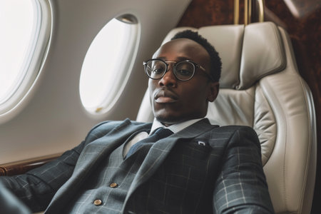 Confident African businessman in a stylish suit seated comfortably in the luxurious cabin of a private jet, gazing thoughtfully out the window.の素材