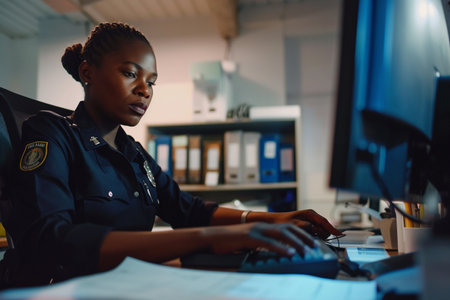 A diligent female police officer in uniform concentrating on her work at a computer desk in a plant-filled office.の素材