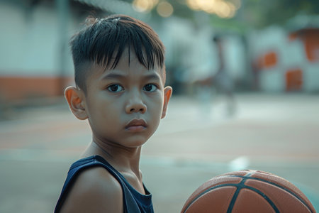 Cheerful young boy with curly hair holding a basketball on an outdoor court, looking at the camera with a bright smile.の素材