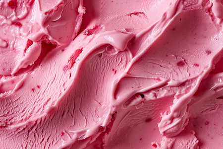 Detailed close-up showing the creamy texture and pink color of strawberry ice cream with visible fruit pieces.の素材