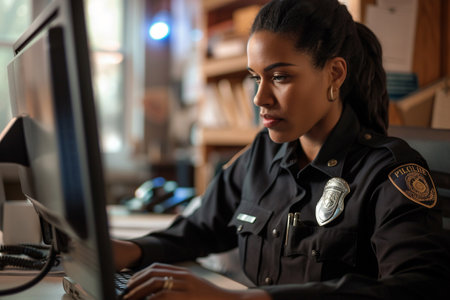 A diligent female police officer in uniform concentrating on her work at a computer desk in a plant-filled office.の素材