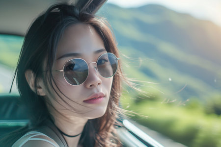 A young woman in sunglasses feeling the breeze, looking relaxed and content on a scenic road trip with mountains in the background.の素材