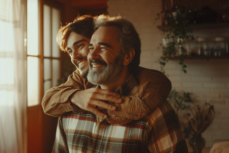 A heartwarming moment captured as a young man and his older father share a joyful hug, smiling with genuine affection.の素材