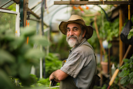 Portrait of a cheerful young man with curly hair wearing a denim jacket and overalls in a lush greenhouse setting.の素材