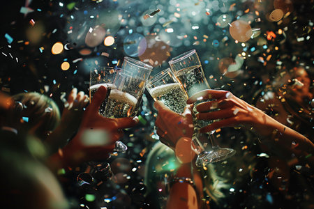 Joyful crowd raising glasses for a champagne toast amidst a vibrant party atmosphere filled with confetti and excitement.の素材